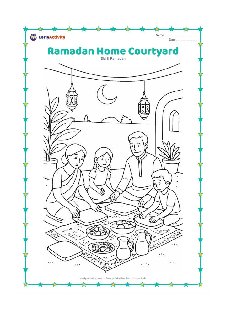 Colouring page: Draw an Indian home courtyard prepared for an evening meal, with a family laying out floor cushions, patterned serving cloths, dates, water jugs, fruit, hanging lanterns, plants, and a…