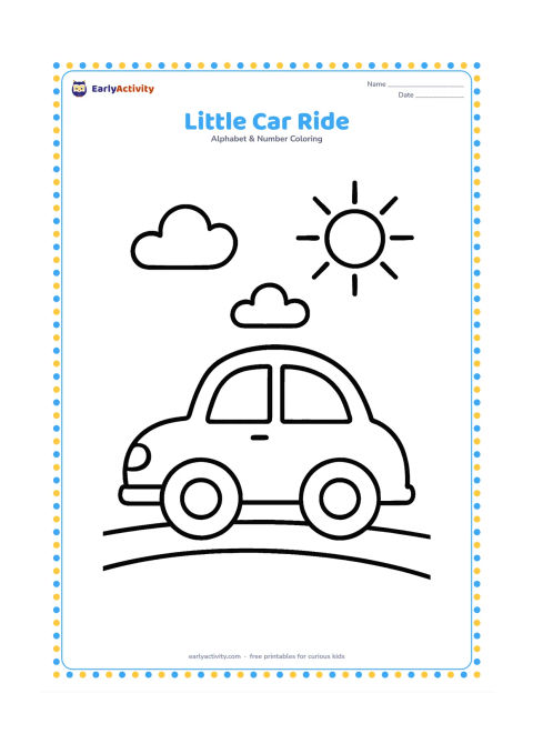 Colouring page: A cheerful small car travels along a smooth road with two rounded clouds and a simple sun overhead. Show the car in side view with large windows and wheels.