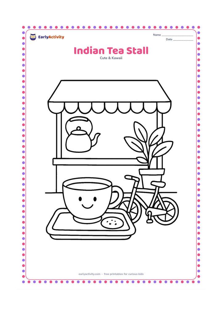 Colouring page: A smiling tea cup rests on a tray beside a small biscuit, with a simple roadside tea stall canopy, hanging kettle and leafy potted plant behind it. Include a bicycle leaning nearby.