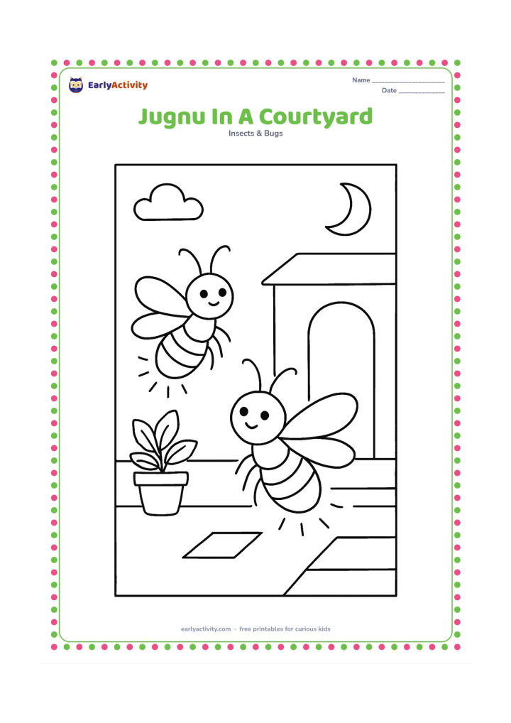 Colouring page: Draw two fireflies glowing in a quiet Indian home courtyard at dusk, with a low potted plant, a simple doorway shape, and a few floor tiles. Keep the insects prominent in the foreground.