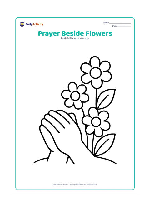 Colouring page: Two folded hands rest beside three large flowers and broad leaves, with a simple curved ground line underneath.
