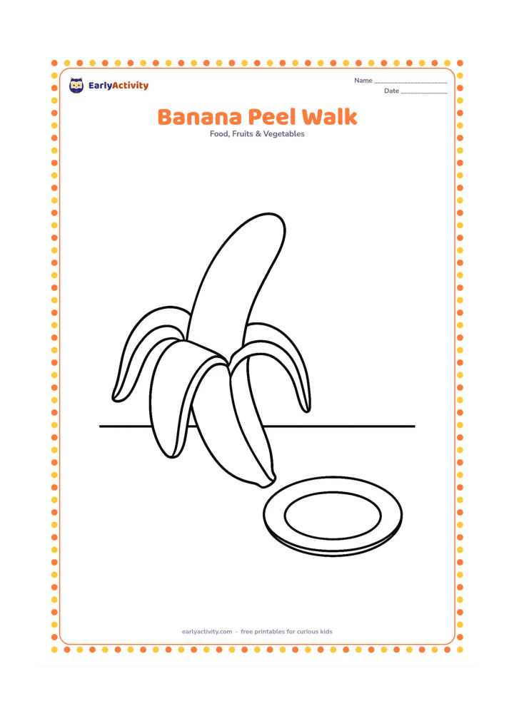 Colouring page: Draw a whole banana with its peel partly opened, showing the fruit inside, beside a small child-sized plate. Add a simple kitchen floor line.