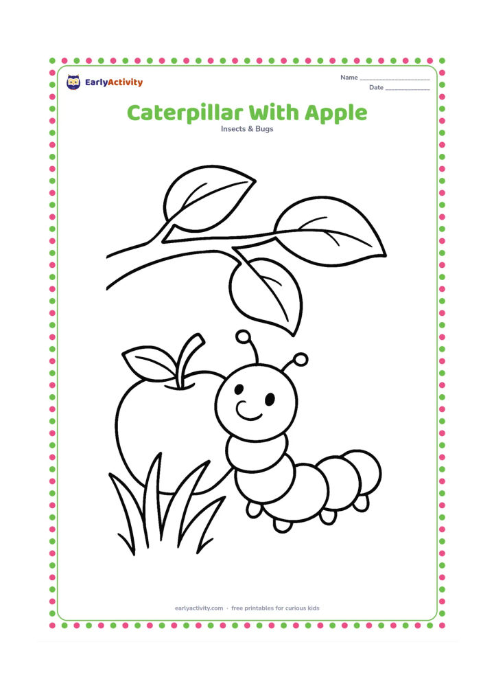 Colouring page: Draw a large caterpillar beside a fallen apple under a simple apple tree branch. The caterpillar should reach toward one broad leaf, with a few large grass blades below.