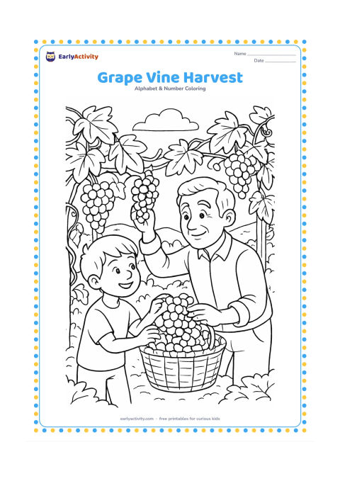 Colouring page: A vineyard scene shows a child and grandparent gathering grape bunches into a basket beneath leafy vine rows. Include twisting vine stems, trellis posts, broad leaves, and distant hills.