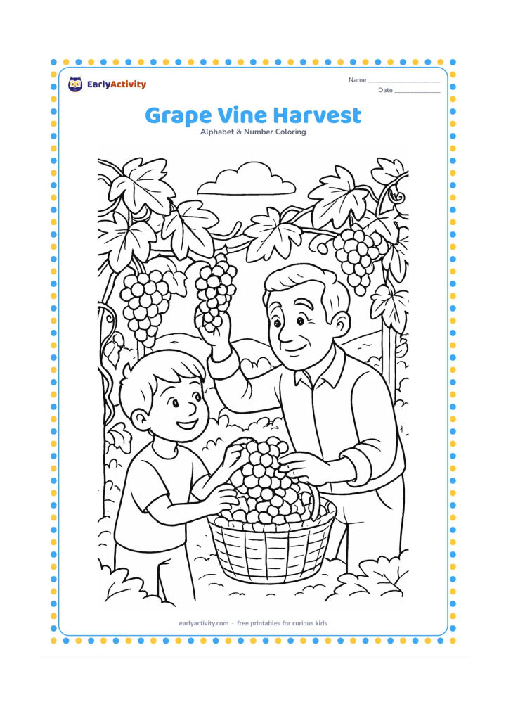 Colouring page: A vineyard scene shows a child and grandparent gathering grape bunches into a basket beneath leafy vine rows. Include twisting vine stems, trellis posts, broad leaves, and distant hills.