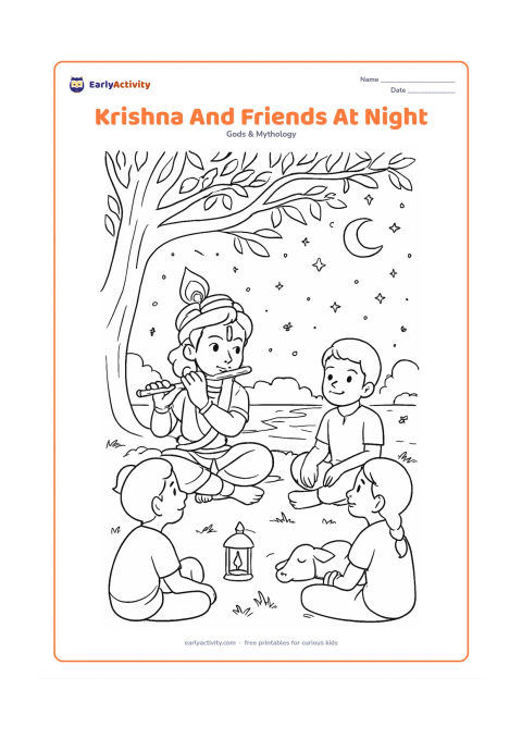 Colouring page: Draw Krishna sitting with three friends beneath a tree and playing his flute under a starry night sky. Include a small lantern, sleeping cows, a river with moon reflections, fireflies,…