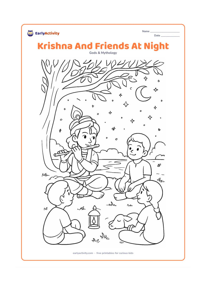 Colouring page: Draw Krishna sitting with three friends beneath a tree and playing his flute under a starry night sky. Include a small lantern, sleeping cows, a river with moon reflections, fireflies,…