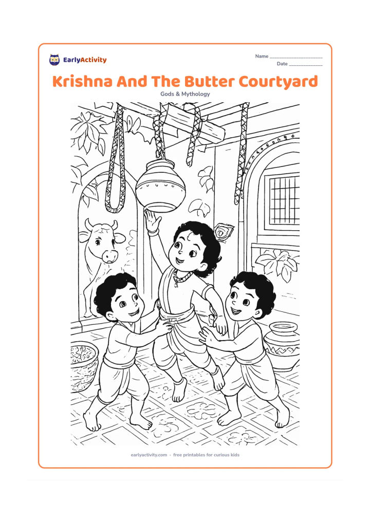 Colouring page: Draw Krishna playfully reaching for a butter pot in a richly detailed courtyard, with two friends helping and a cow watching through an open doorway. Include woven baskets, earthen pots,…
