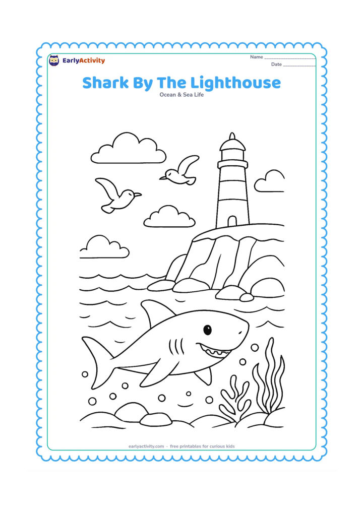 Colouring page: A shark swims below a rocky coast with a simple lighthouse on the cliff, while seabirds, waves, seaweed and bubbles add a coastal setting. Do not put any markings on the lighthouse.