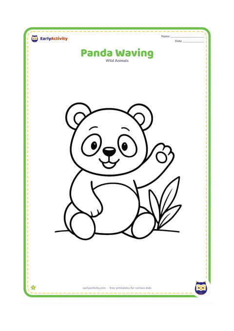 Colouring page: Draw a cheerful panda sitting and raising one paw in a wave. Place it beside two broad bamboo leaves and a simple ground line.