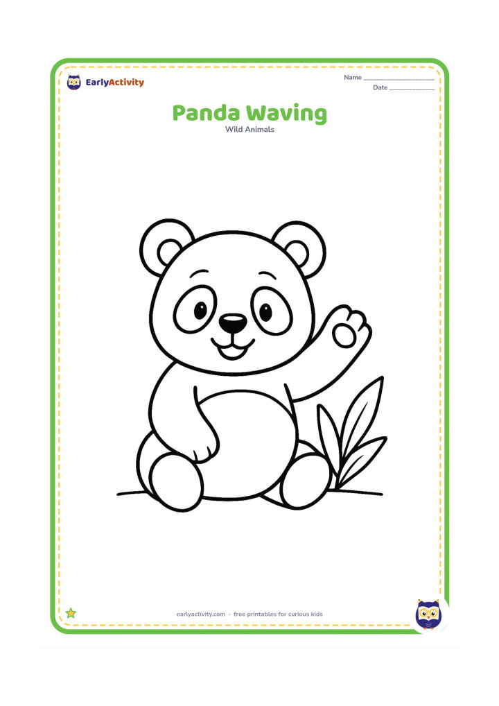 Colouring page: Draw a cheerful panda sitting and raising one paw in a wave. Place it beside two broad bamboo leaves and a simple ground line.