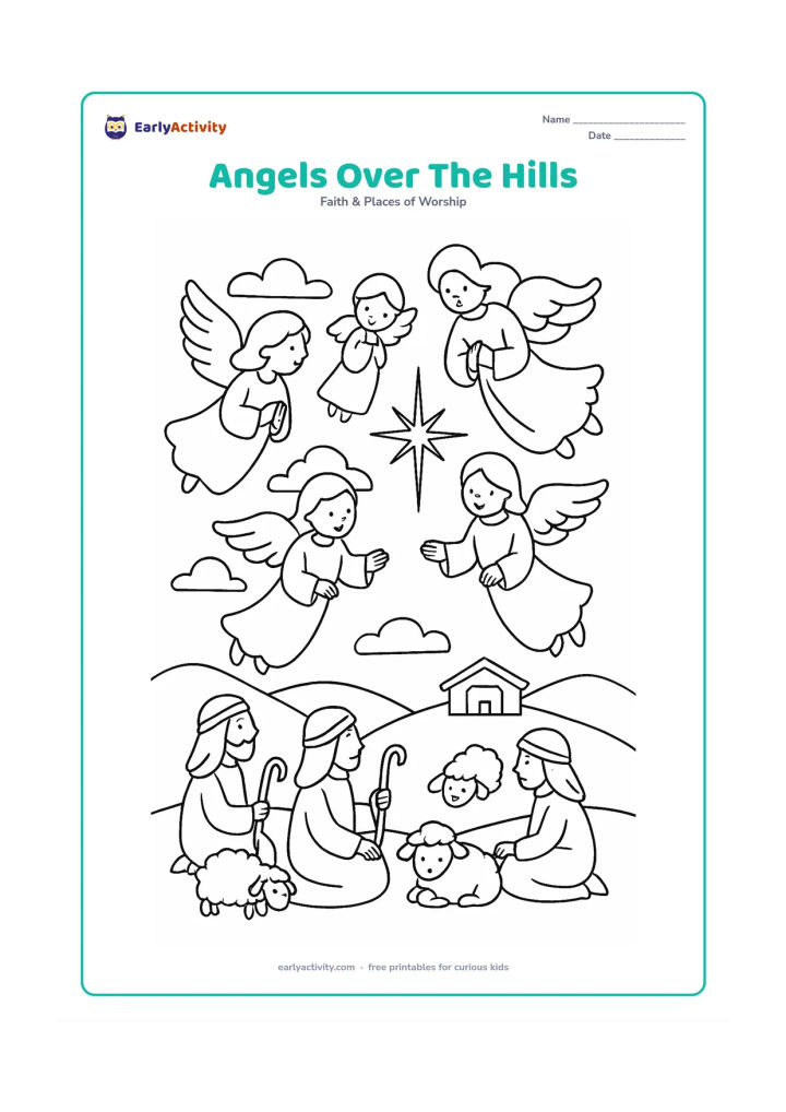 Colouring page: Show a group of peaceful angels across the upper sky above shepherds and sheep resting on a hillside. A bright star shines over the distant stable.