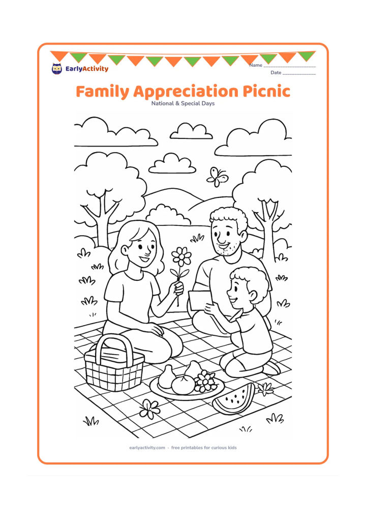 Colouring page: A diverse family group gathers on a detailed park picnic blanket, with children offering flowers and a blank card to their mother or caring adult. Include a woven basket, fruit, trees,…