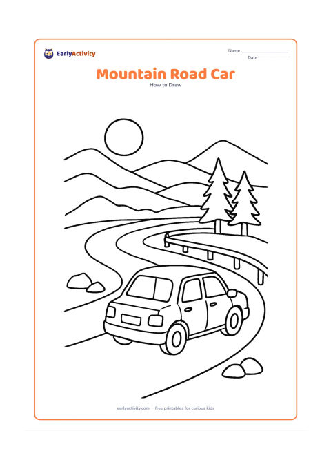 Worksheet: Show a car rounding a winding mountain road with layered hills, a simple guardrail, rocks, pine-like trees and a distant sun. Draw the vehicle in three-quarter rear view with rear…