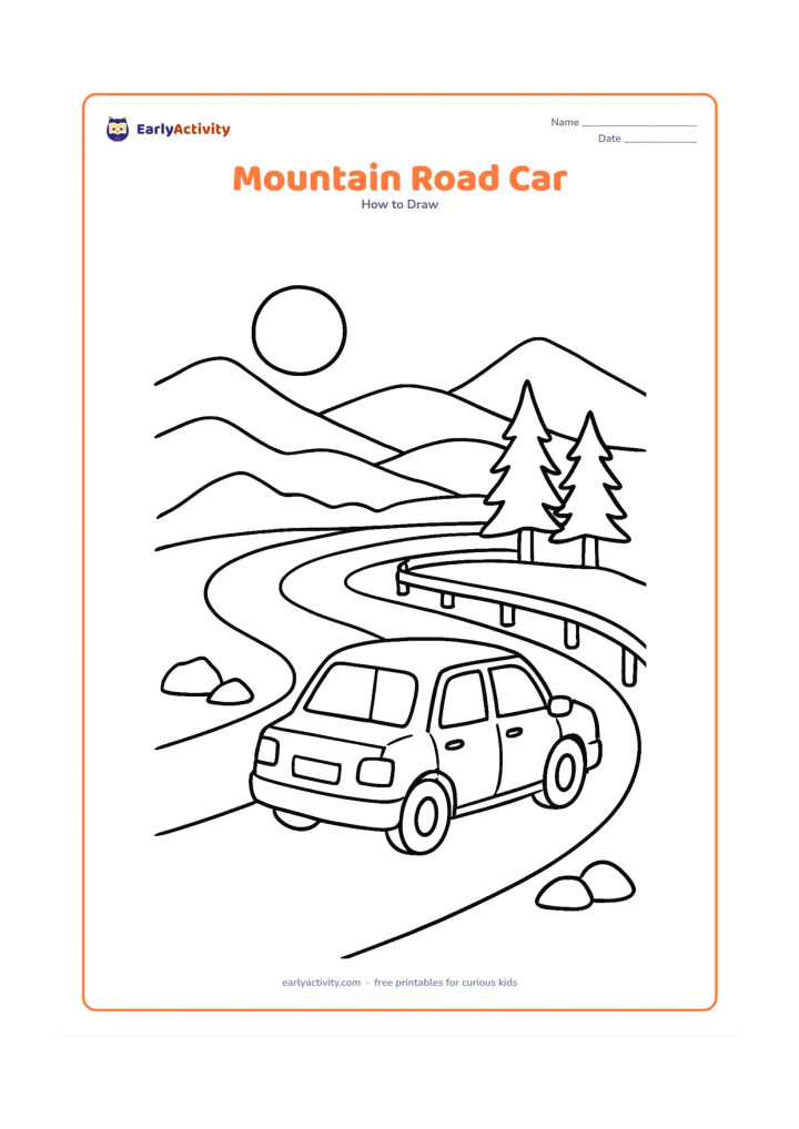 Worksheet: Show a car rounding a winding mountain road with layered hills, a simple guardrail, rocks, pine-like trees and a distant sun. Draw the vehicle in three-quarter rear view with rear…