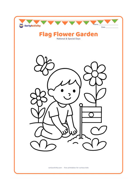 Colouring page: A smiling child kneels in a garden beside a small Indian flag planted in the soil. Add large saffron, white and green flowers, rounded leaves and a butterfly.