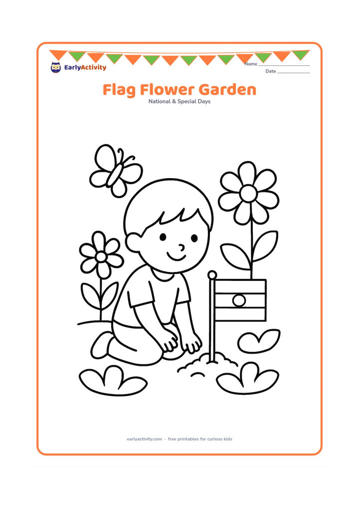 Colouring page: A smiling child kneels in a garden beside a small Indian flag planted in the soil. Add large saffron, white and green flowers, rounded leaves and a butterfly.