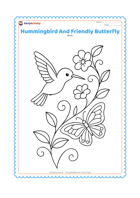 Colouring page: A hummingbird and a butterfly fly around a flowering vine, with the bird reaching toward a bloom and the butterfly resting near another. Add curling stems and several leaves.