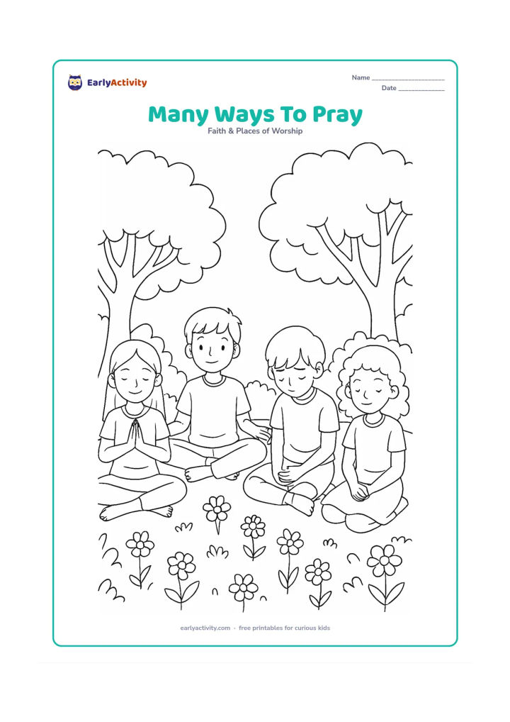 Colouring page: Four children sit in a peaceful garden showing different respectful postures: folded hands, open hands, bowed head, and quiet hands resting on the lap, with flowers and trees around them.