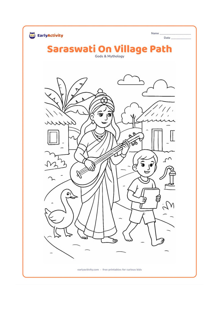 Colouring page: Saraswati walks along an Indian village path with a veena, accompanied by a child carrying a blank book and a friendly swan. Add mud-plastered homes, banana leaves, a hand pump, and…