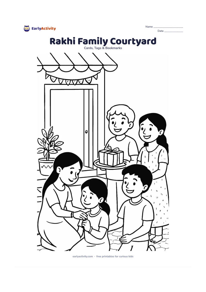 Worksheet: Show a brother, sister, and two cousins celebrating in an Indian courtyard, with one child tying a rakhi, another holding a gift tray, a tulsi planter, doorway, hanging toran, and…