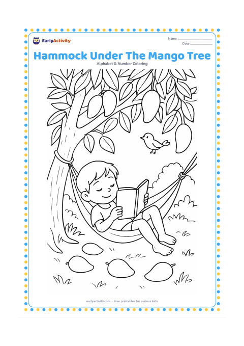 Colouring page: A child relaxes in a hammock under a large mango tree while reading a completely blank picture book, with fallen mangoes, grass, birds, and a shaded garden around them. The book must…