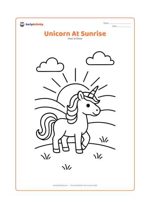 Worksheet: A unicorn stands on a hill as a large sun rises behind distant hills, with layered mane, curled tail, three visible legs and a clear horn. Add a few simple grass tufts and clouds around…