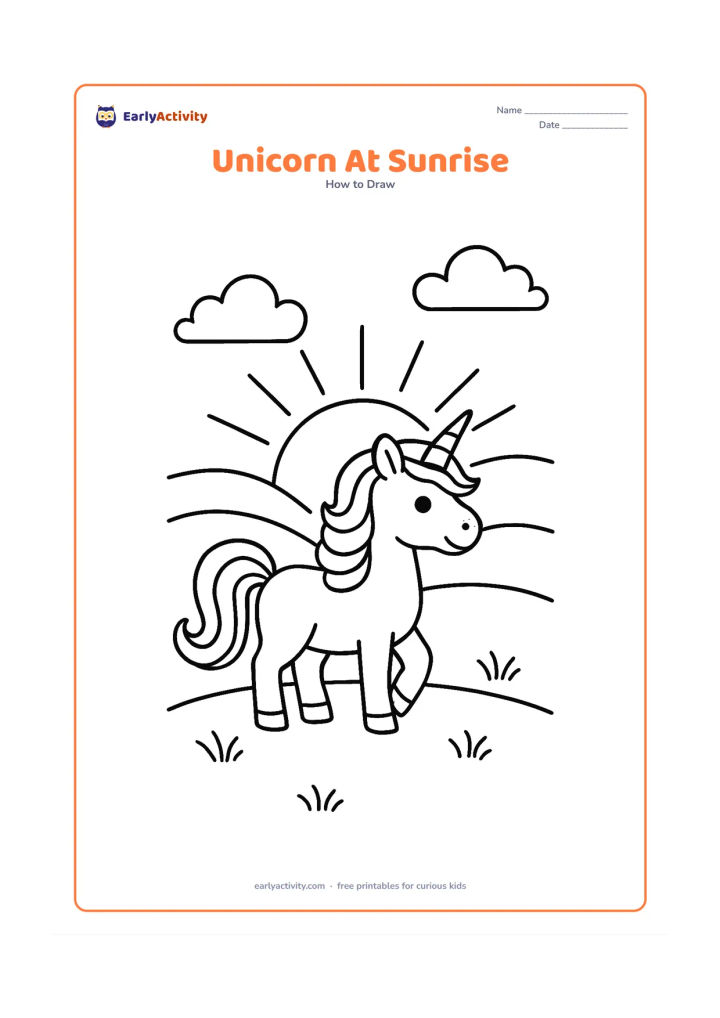 Worksheet: A unicorn stands on a hill as a large sun rises behind distant hills, with layered mane, curled tail, three visible legs and a clear horn. Add a few simple grass tufts and clouds around…