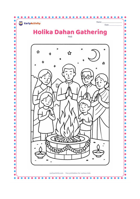 Colouring page: At evening, a family and neighbours stand together at a respectful distance around a small contained Holika Dahan fire, with a decorated safe boundary, flower garlands, and diyas. Show…