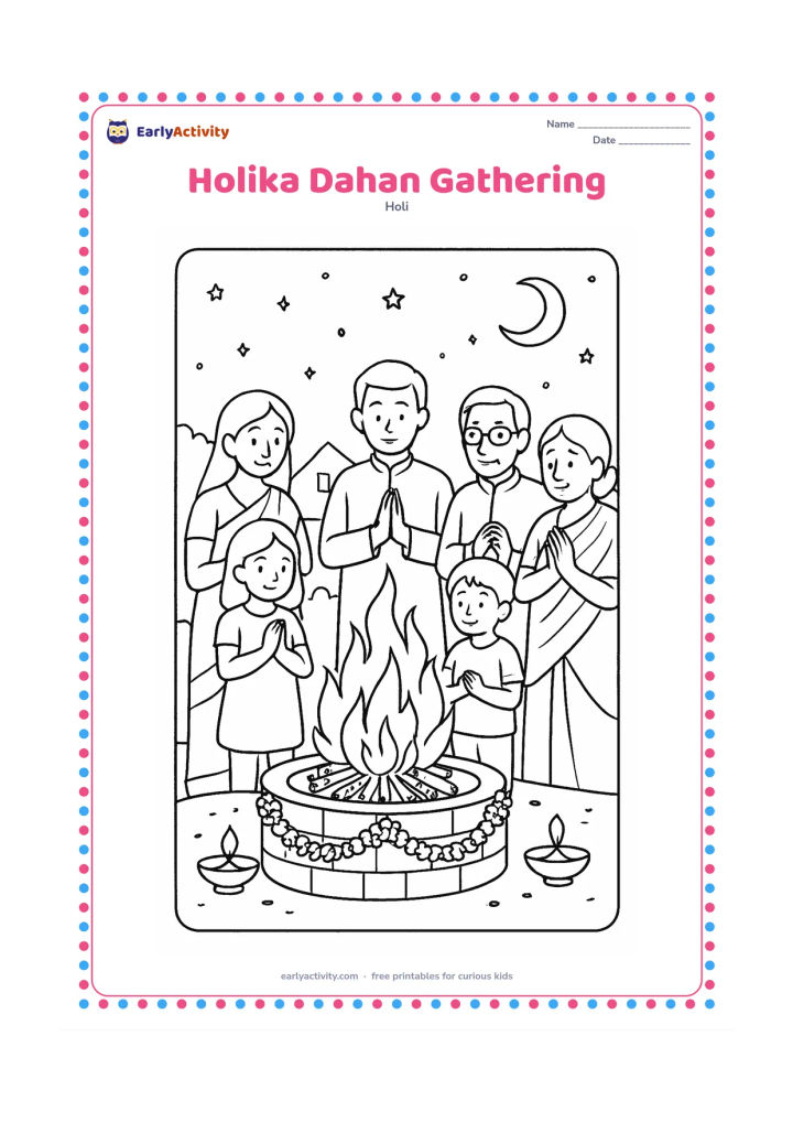 Colouring page: At evening, a family and neighbours stand together at a respectful distance around a small contained Holika Dahan fire, with a decorated safe boundary, flower garlands, and diyas. Show…