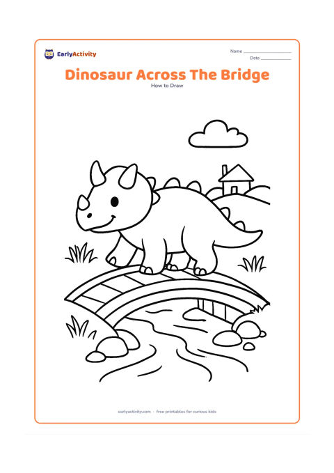 Worksheet: Show a friendly horned dinosaur crossing a small arched bridge over a stream, beginning with construction ovals and ending with a walking pose. Add riverbank grass, rounded stones, and a…
