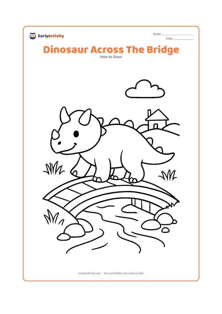 Worksheet: Show a friendly horned dinosaur crossing a small arched bridge over a stream, beginning with construction ovals and ending with a walking pose. Add riverbank grass, rounded stones, and a…