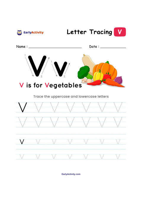 Tracing worksheet showing uppercase and lowercase V, the word vegetables, a group of vegetables, and guided practice rows.