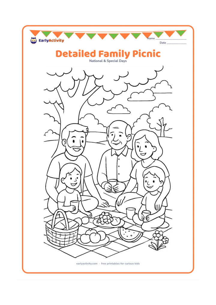 Colouring page: A father, grandfather, children and another caring adult enjoy a large family picnic beneath a tree, with a woven basket, layered blankets, fruit, cups, flowers and distant park scenery.