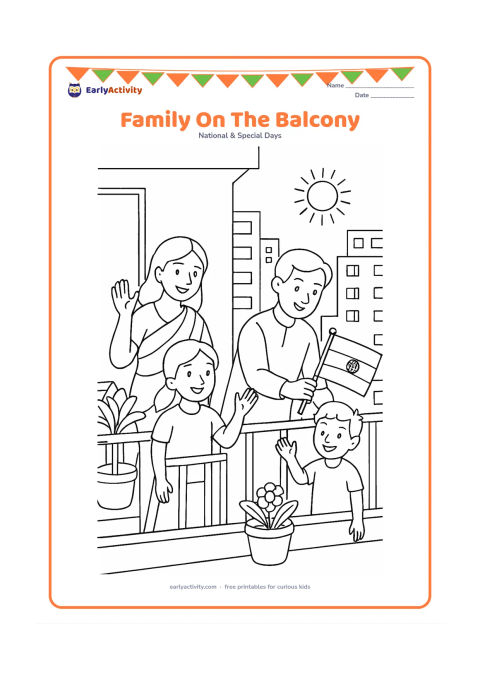 Colouring page: Draw an Indian family on an apartment balcony, with one adult attaching a small Indian flag to the railing while two children wave. Show potted plants, neighbouring balconies and a sunny…