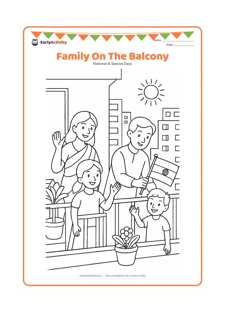 Colouring page: Draw an Indian family on an apartment balcony, with one adult attaching a small Indian flag to the railing while two children wave. Show potted plants, neighbouring balconies and a sunny…