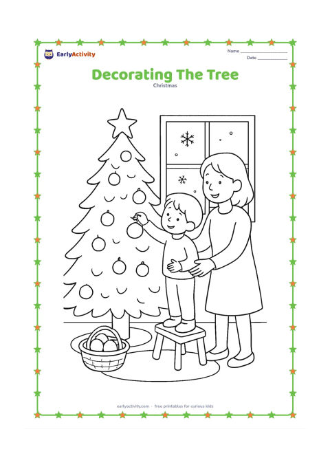 Colouring page: A child stands on a low step while an adult steadies the step and hands over a bauble for a tall Christmas tree. Include a basket of ornaments, a rug, and a window with a few snowflakes…