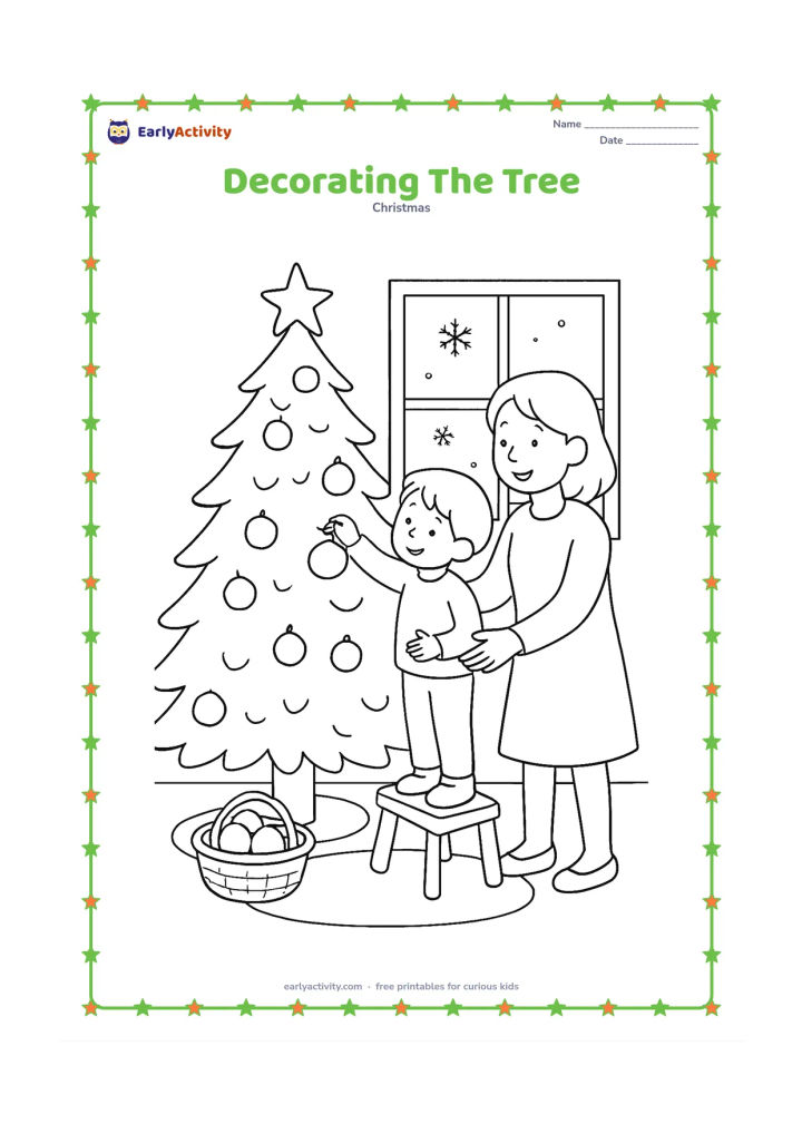 Colouring page: A child stands on a low step while an adult steadies the step and hands over a bauble for a tall Christmas tree. Include a basket of ornaments, a rug, and a window with a few snowflakes…