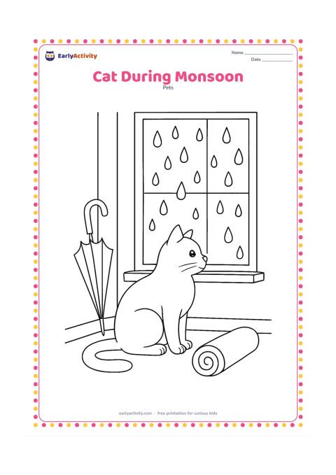 Colouring page: Draw a cat sitting indoors beside a window with large raindrops outside, a small umbrella leaning near the wall, and a rolled mat on the floor. The cat looks calmly toward the rain.