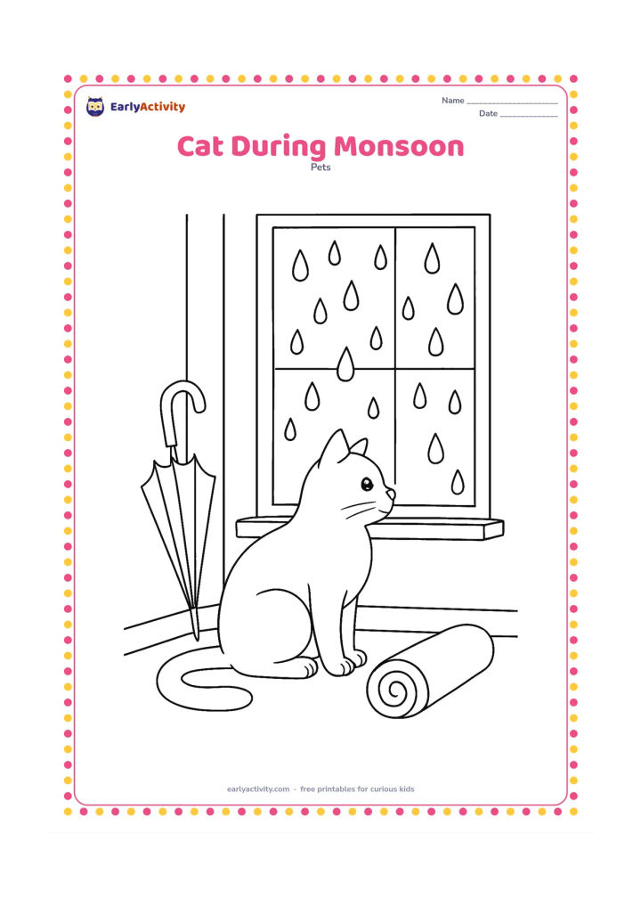 Colouring page: Draw a cat sitting indoors beside a window with large raindrops outside, a small umbrella leaning near the wall, and a rolled mat on the floor. The cat looks calmly toward the rain.
