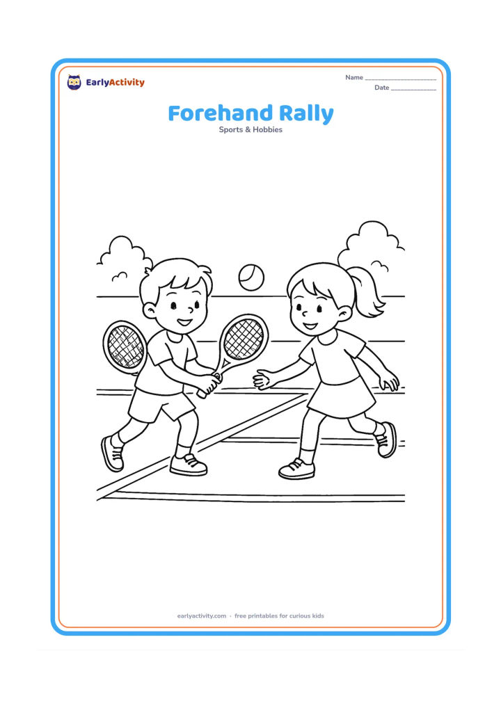 Colouring page: Two children play a forehand rally across a tennis net, with the ball travelling between their rackets and a full court visible behind them.
