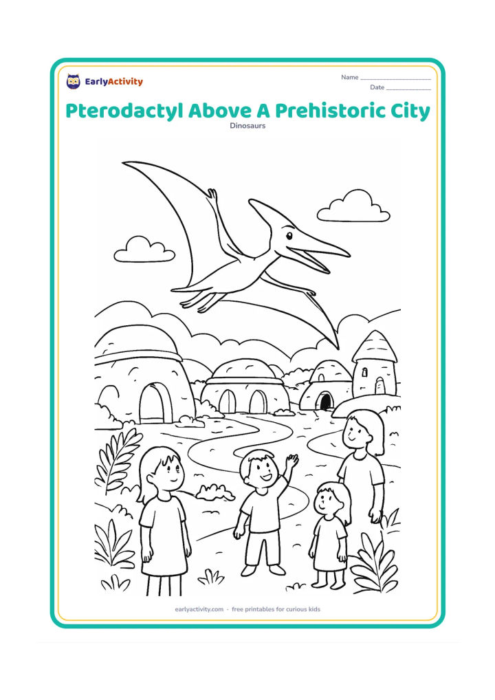 Colouring page: Draw a pterodactyl flying above a fictional prehistoric settlement of rounded stone shelters, winding paths, planted ferns and friendly people looking upward. Include no signs, banners,…