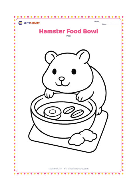 Colouring page: A hamster leans over a large bowl containing a few simple seeds and a carrot slice. Place the bowl on a clean mat with two or three large bedding pieces nearby.