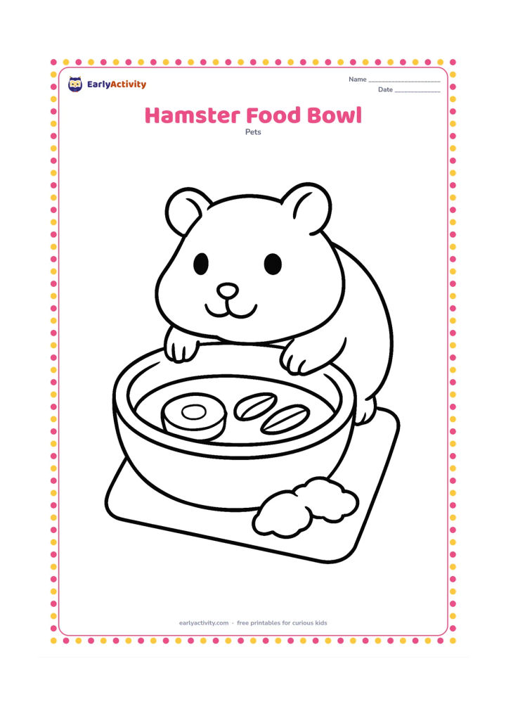 Colouring page: A hamster leans over a large bowl containing a few simple seeds and a carrot slice. Place the bowl on a clean mat with two or three large bedding pieces nearby.
