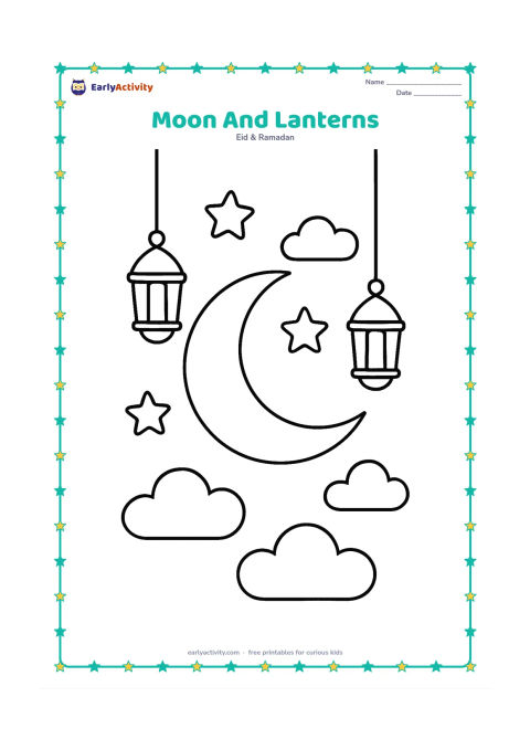 Colouring page: Draw a large crescent moon between two big hanging lanterns. Add three chunky stars and gently curved clouds in the background.