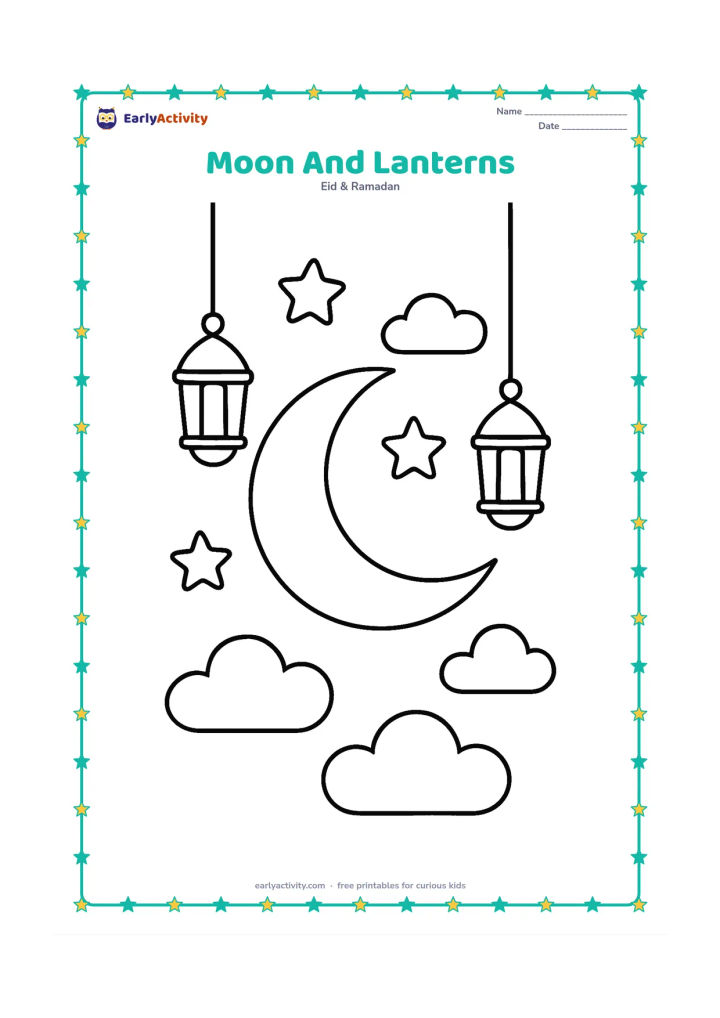 Colouring page: Draw a large crescent moon between two big hanging lanterns. Add three chunky stars and gently curved clouds in the background.