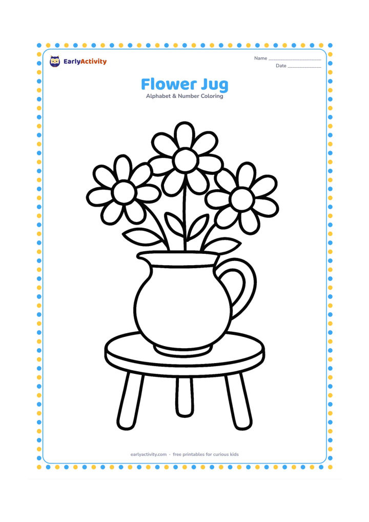 Colouring page: Draw a round jug holding three large flowers with simple leaves. Place the jug on a small table with one large curved handle and a wide spout.