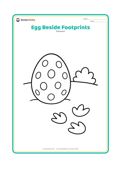 Colouring page: One large speckled egg sits on soft ground beside a short trail of three rounded dinosaur footprints. Add a simple bush and a curved horizon line.