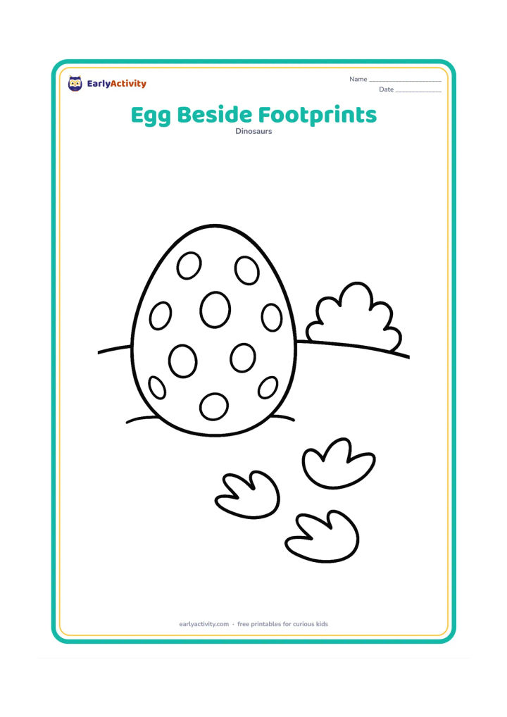 Colouring page: One large speckled egg sits on soft ground beside a short trail of three rounded dinosaur footprints. Add a simple bush and a curved horizon line.