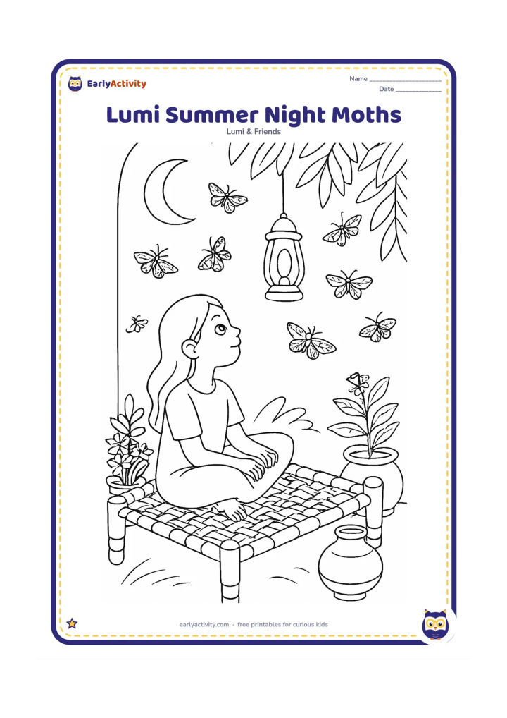 Colouring page: Lumi sits on a veranda beneath a summer night sky, watching moths circle a hanging lantern. Include potted jasmine, a woven charpai, a clay water pot, a crescent moon and leafy shadows.